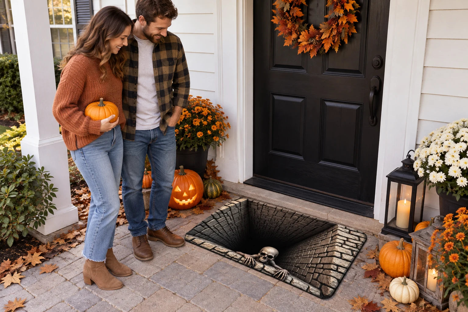 Illustrative couple decorating a Halloween doorstep